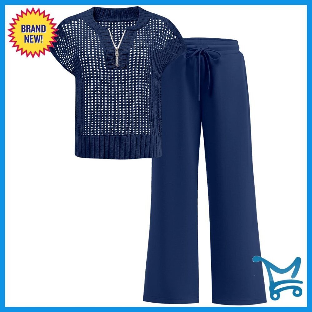 Crochet Knit Half Zip Sweater Wide Leg Pants Matching Set Loose Fit Lounge